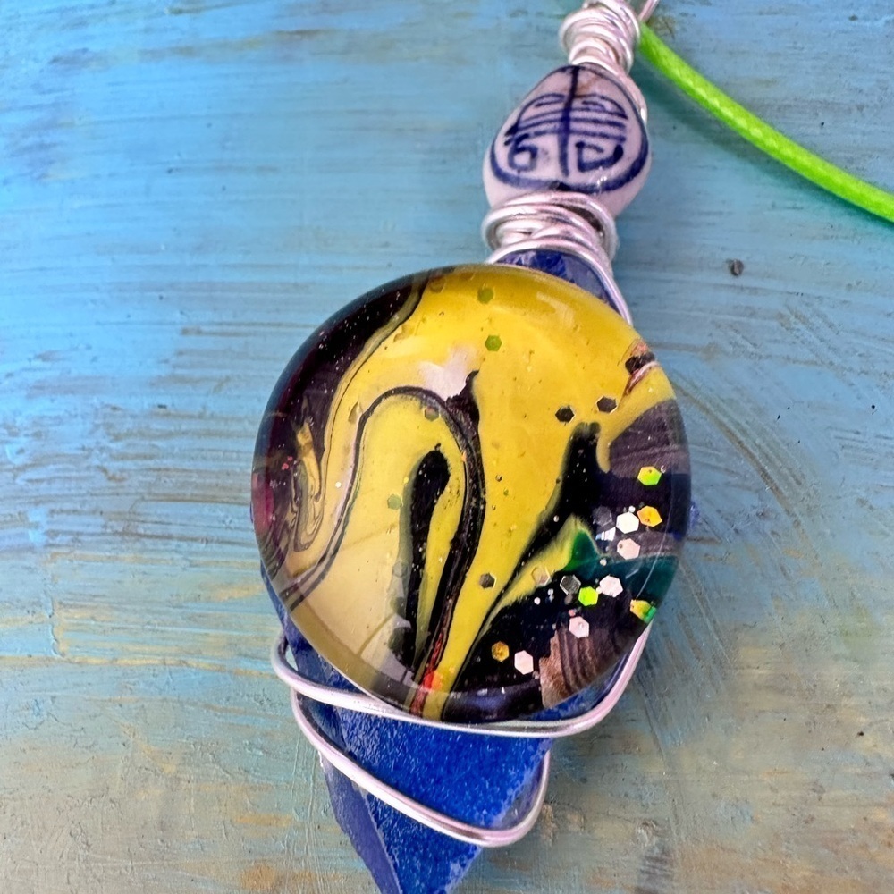 And Crafted Artisan Yellow Glass Pendant Hand Painted Cabochon, Beaded, 4226 Y